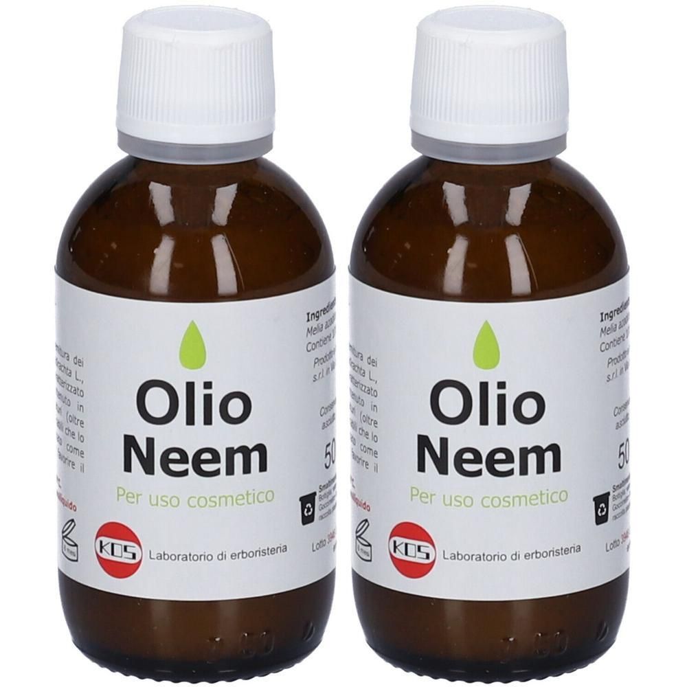 Due flaconi in vetro marrone con tappo a vite bianco, contenenti Olio Neem.