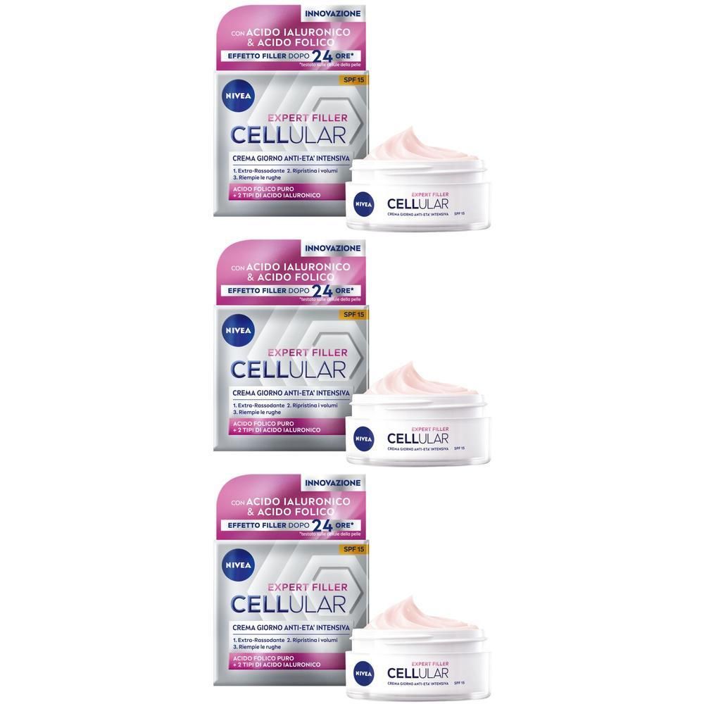 Tre vasetti di crema giorno Nivea Cellular Expert Filler con crema rosa.