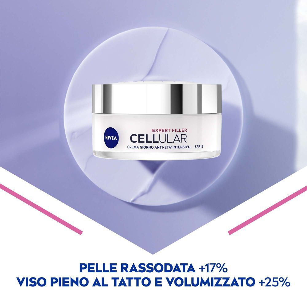Vasetto di crema giorno Nivea Cellular Expert Filler su cerchio viola.