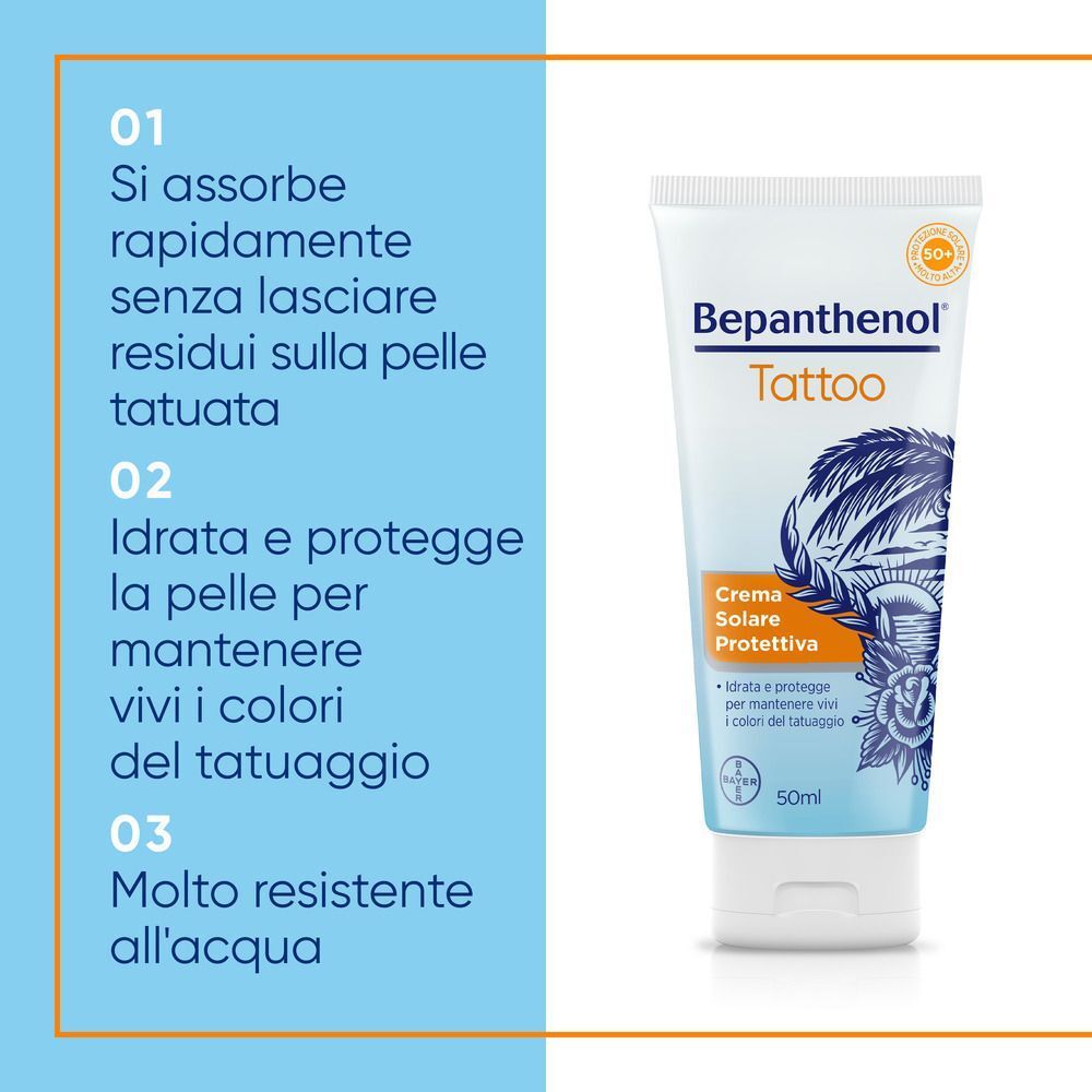 Crema solare Bepanthenol Tattoo: Si assorbe rapidamente, idrata, protegge i colori dei tatuaggi.