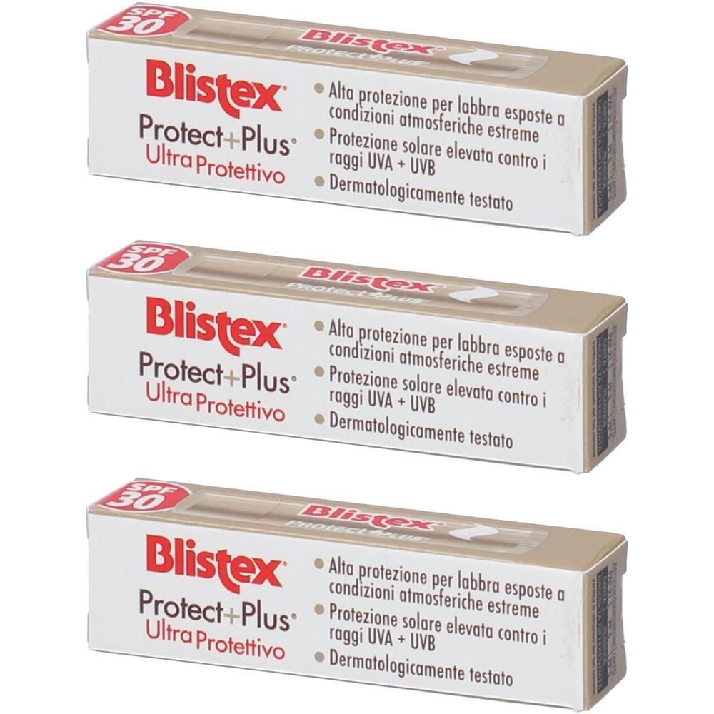 Tre confezioni di balsamo labbra Blistex Protect+Plus SPF 30. Offre protezione da condizioni estreme e raggi UV.