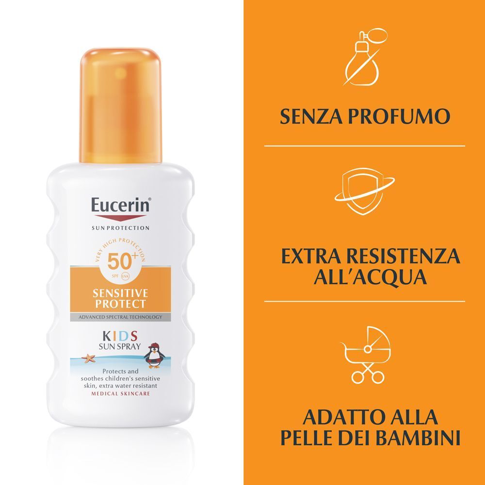 Flacone Eucerin Sensitive Protect Kids Sun Spray SPF 50+ con icone per senza profumo, resistente all'acqua e per la pelle dei bambini.