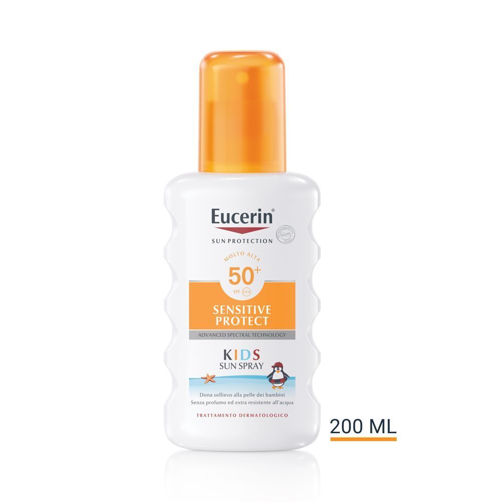 Flacone Eucerin Sensitive Protect Kids Sun Spray SPF 50+ con indicazione 200 ml.