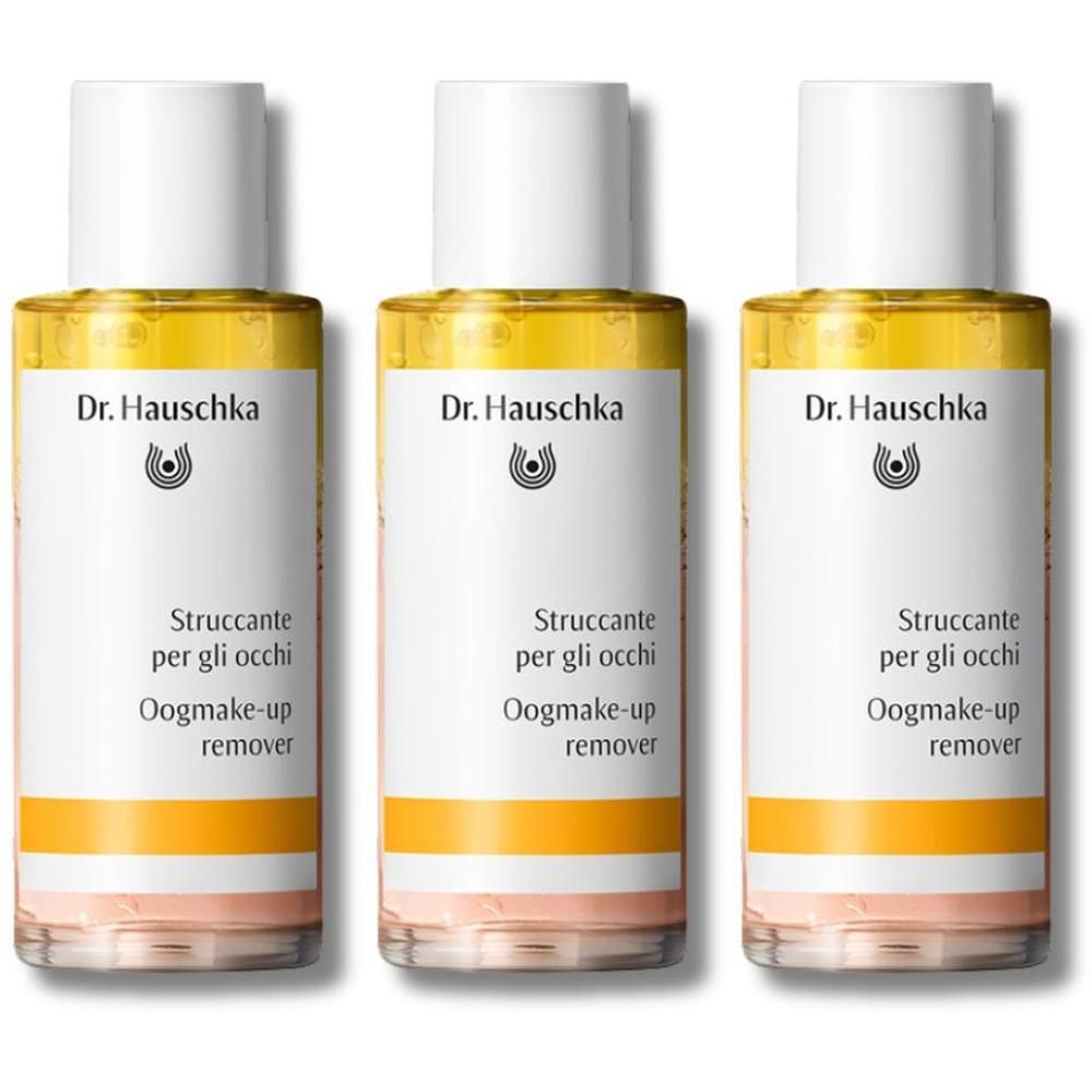 Tre flaconi di Struccante per gli occhi Dr. Hauschka con tappo bianco ed etichetta.