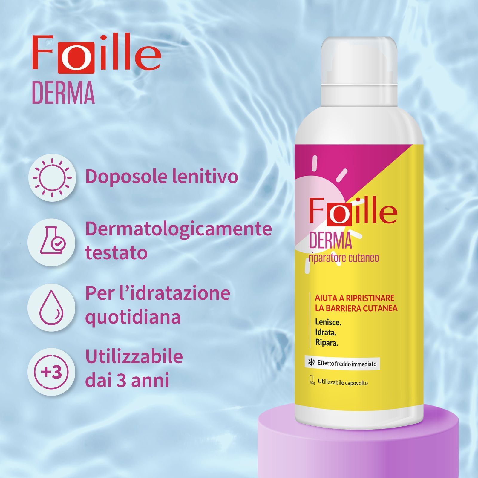Foille Derma Spray Riparatore Cutaneo con icone per doposole lenitivo.