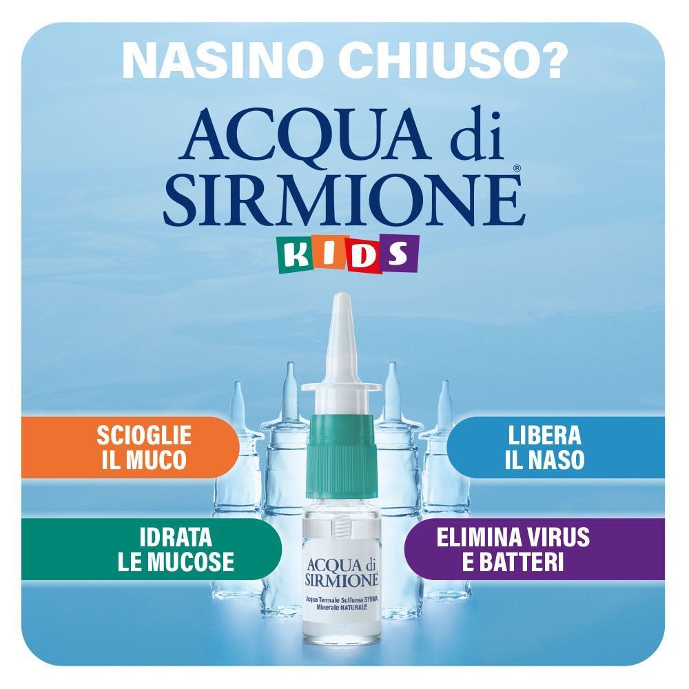 Acqua di Sirmione Kids: flacone spray nasale con flaconcini sullo sfondo. Testo: scioglie il muco, libera il naso.