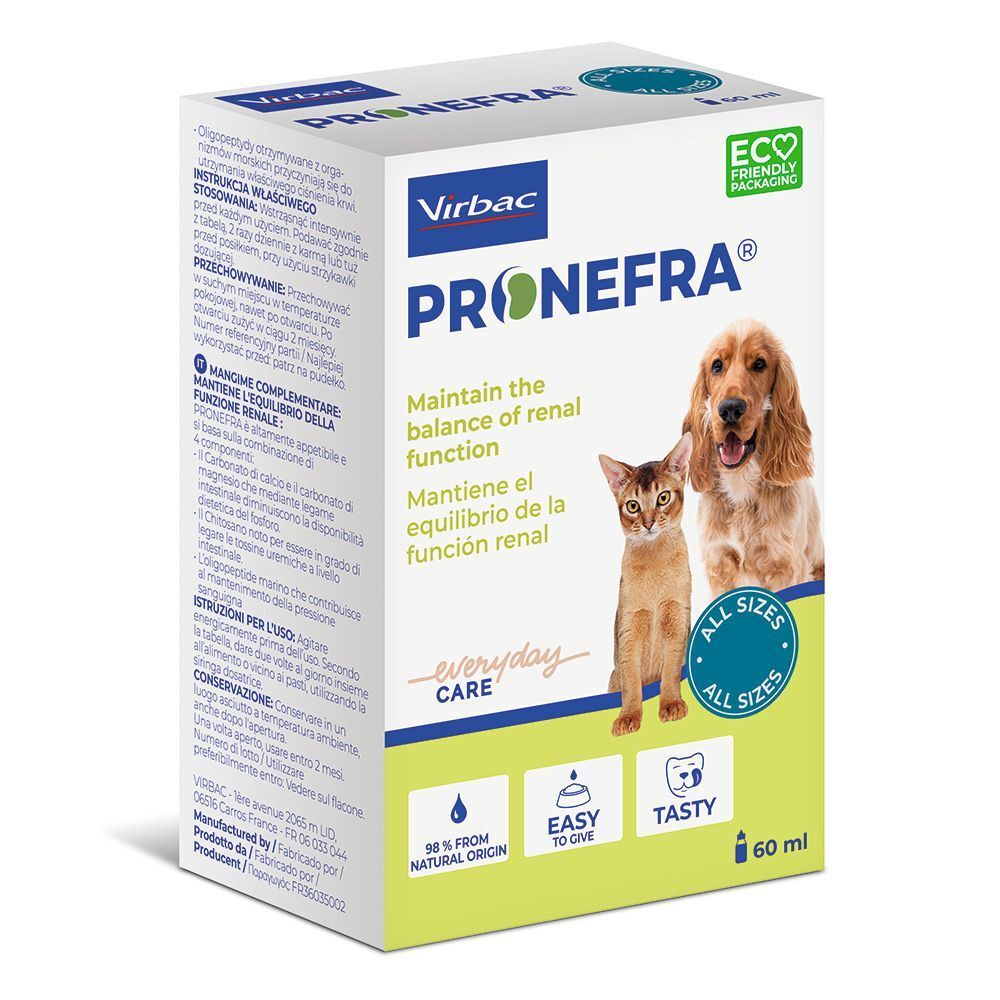 Liquido Virbac Pronefra per supportare la funzione renale, 60ml.