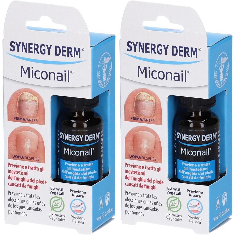 Due confezioni di Synergy Derm Miconail per micosi ungueale. Contiene flaconcini e immagini prima/dopo.