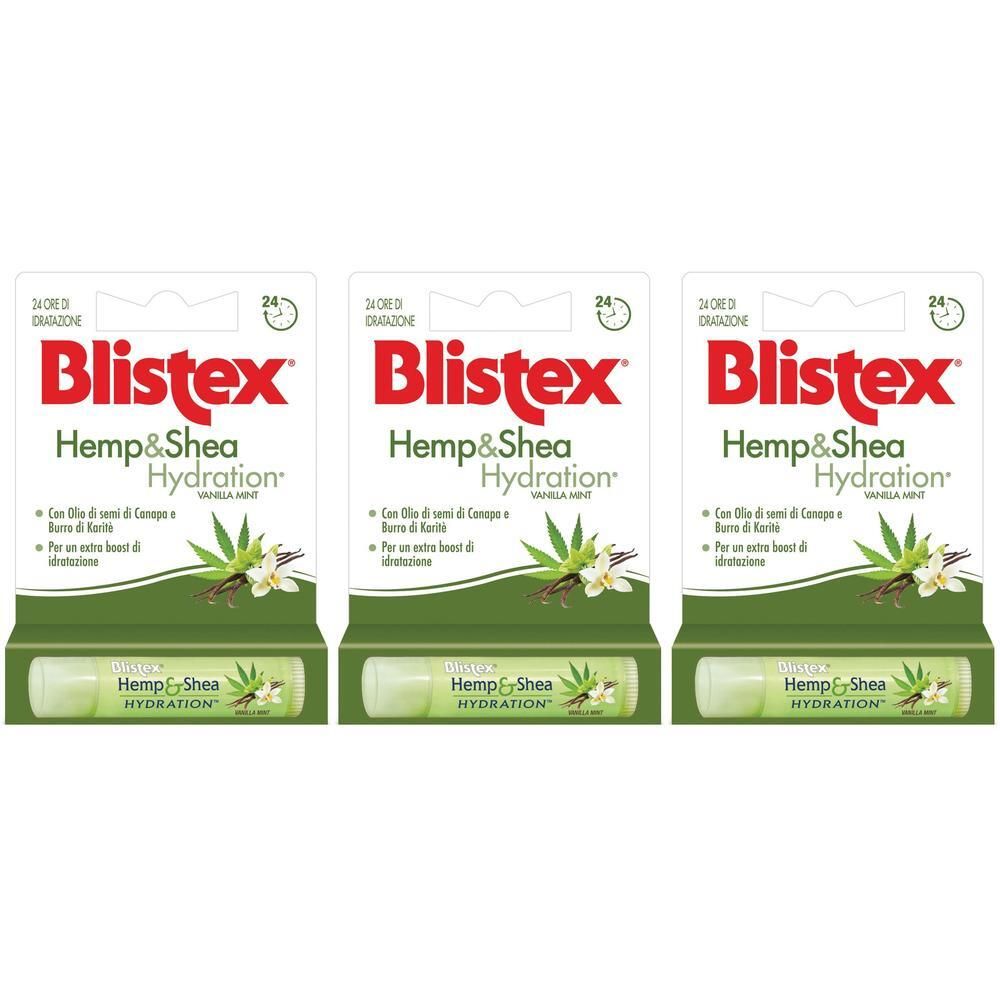 Tre stick labbra Blistex Hemp & Shea Hydration in confezioni singole.