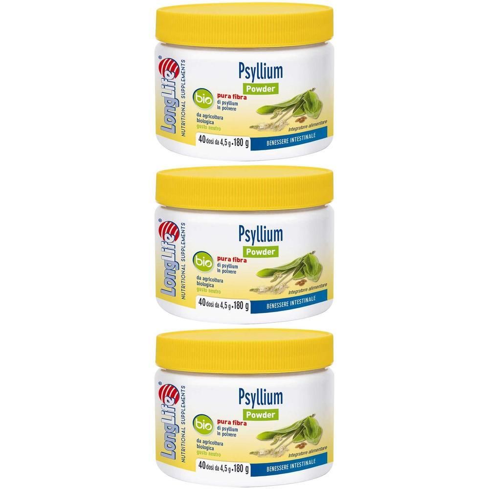 Tre barattoli di Psyllium in polvere LongLife con tappi gialli. Certificato bio, 180g per barattolo.
