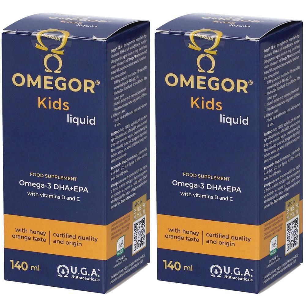 Due confezioni Omegor Kids Liquid, Omega-3 DHA+EPA con vitamine D e C, 140 ml.