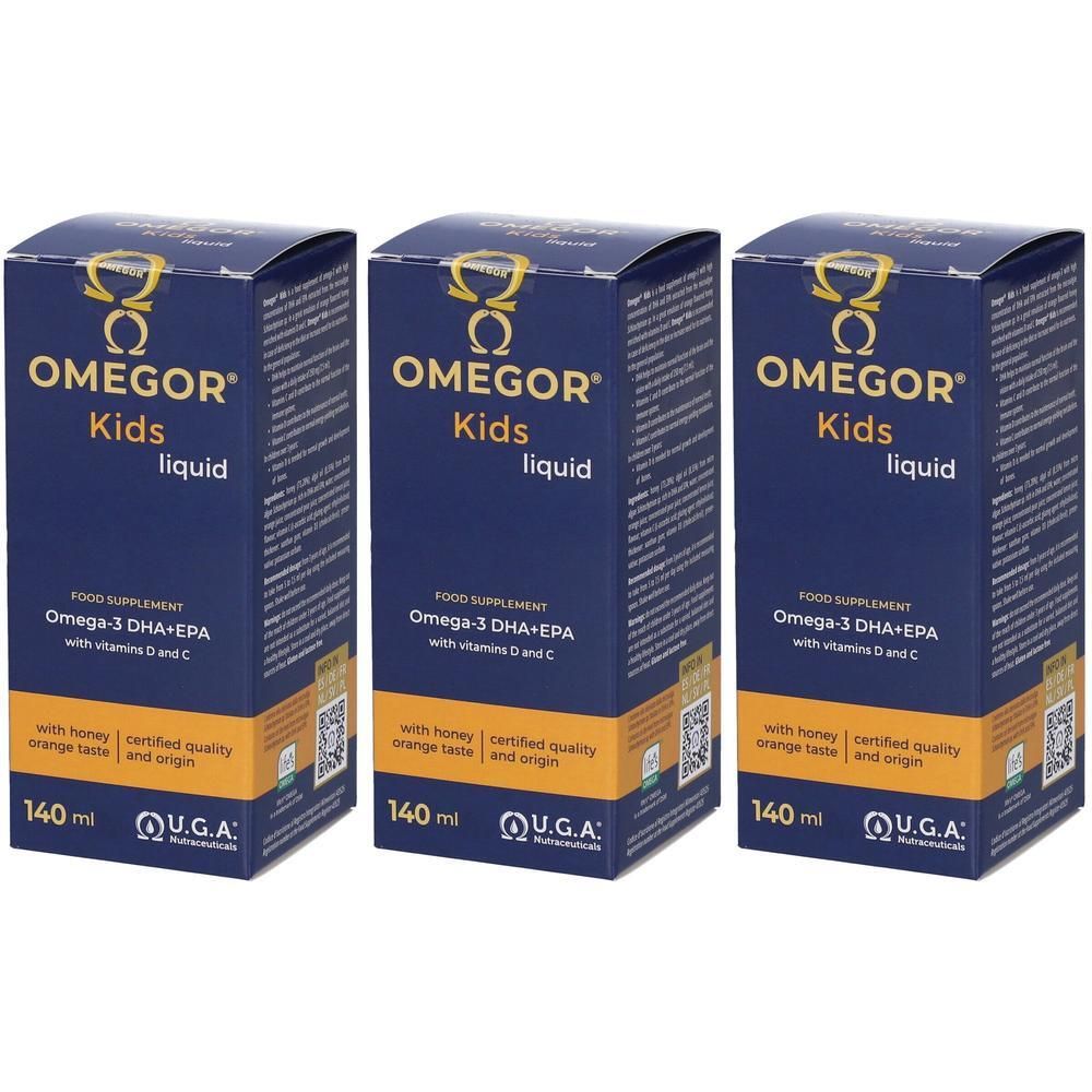Tre confezioni di Omegor Kids Liquid, integratore alimentare con Omega-3, Vitamine D e C.