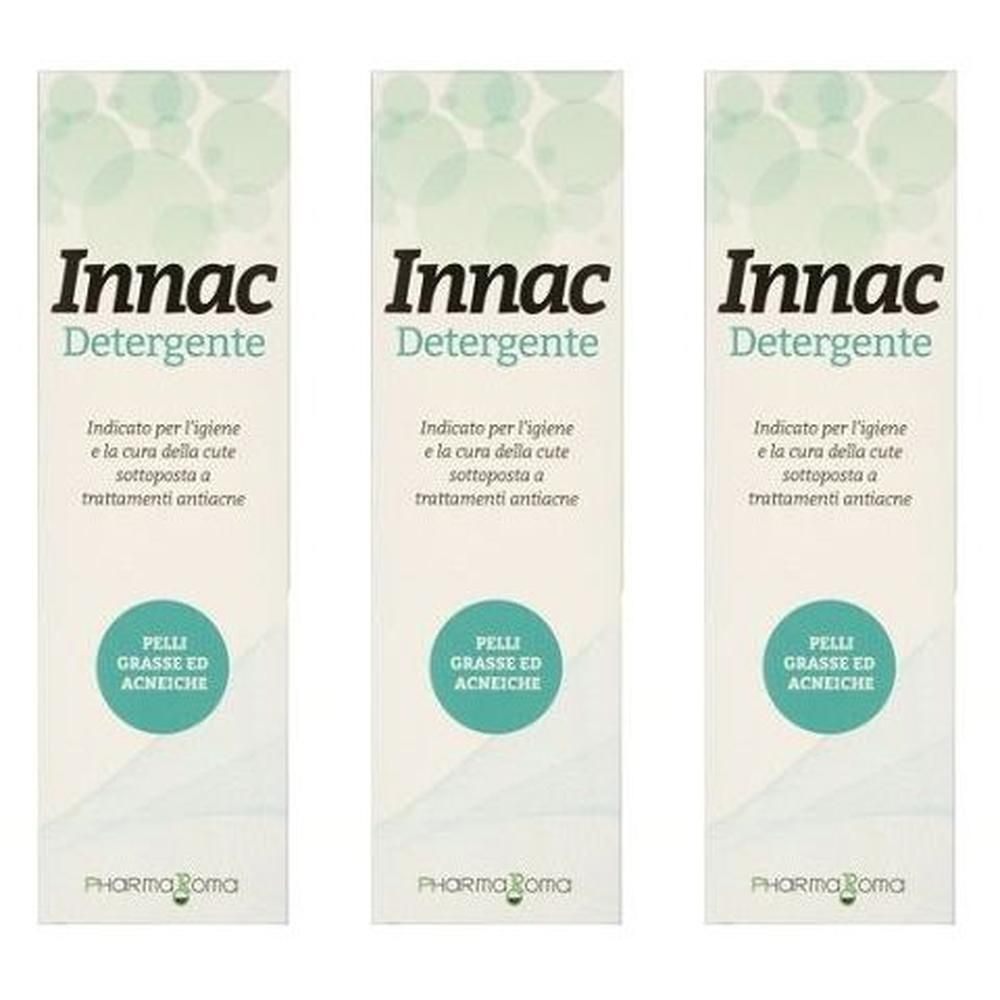 Tre confezioni di detergente Innac per pelli grasse e acneiche.
