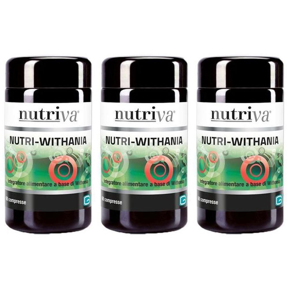Tre flaconi Nutriva Nutri-Withania con tappi neri ed etichette raffiguranti cerchi verdi e rossi.