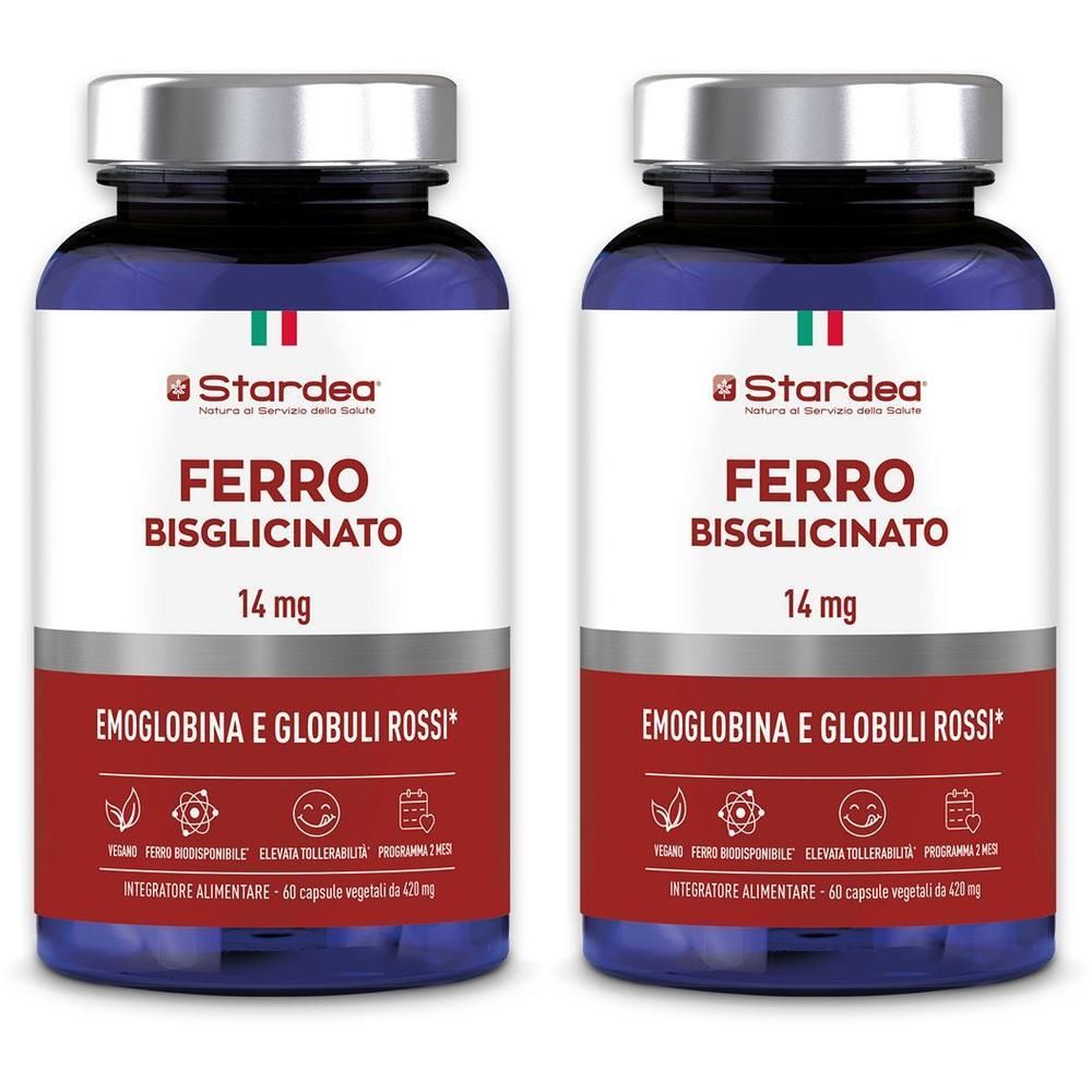 Due flaconi di Stardea Ferro Bisglicinato 14 mg, integratore alimentare.