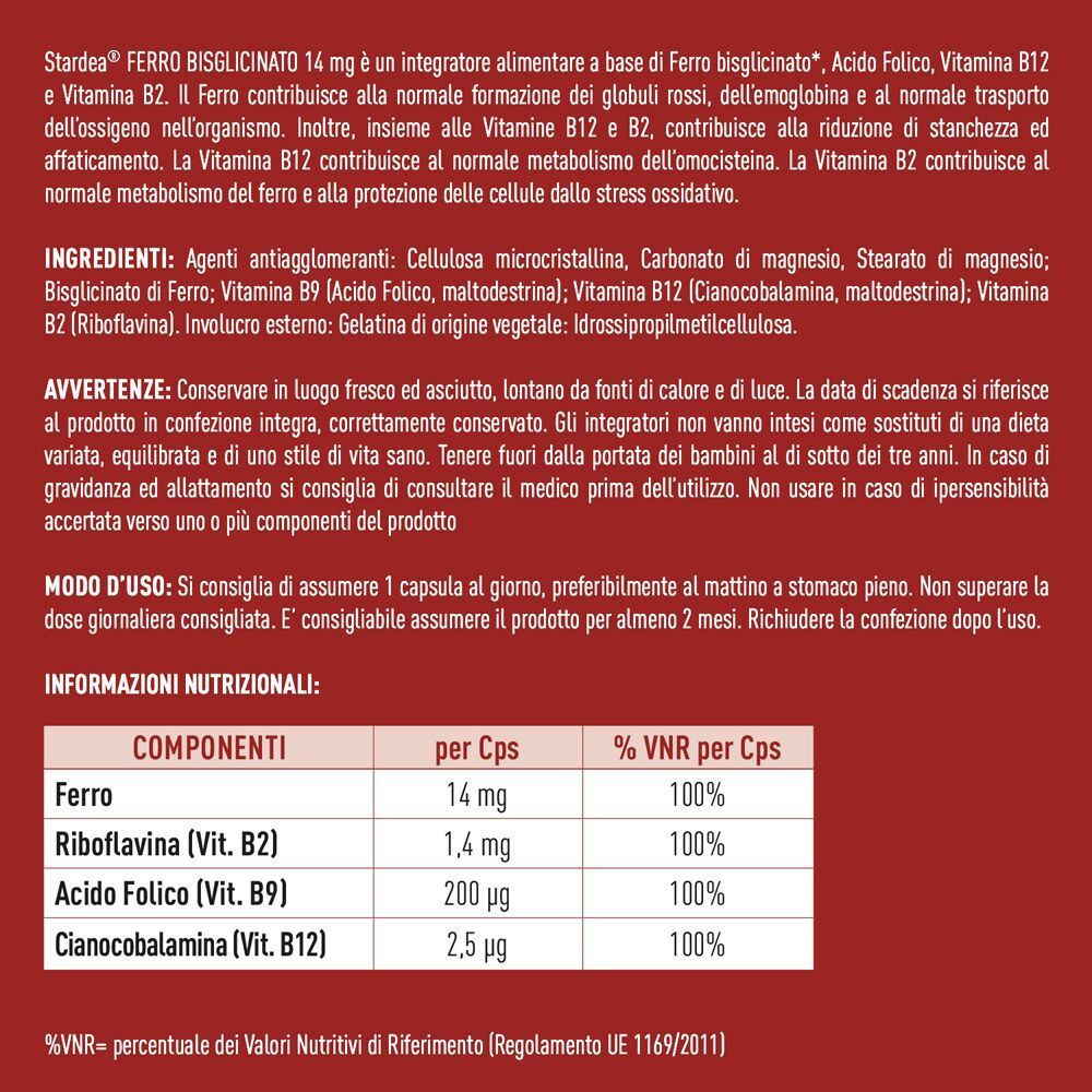 Retro di un flacone di Stardea Ferro Bisglicinato 14 mg con informazioni nutrizionali e ingredienti.