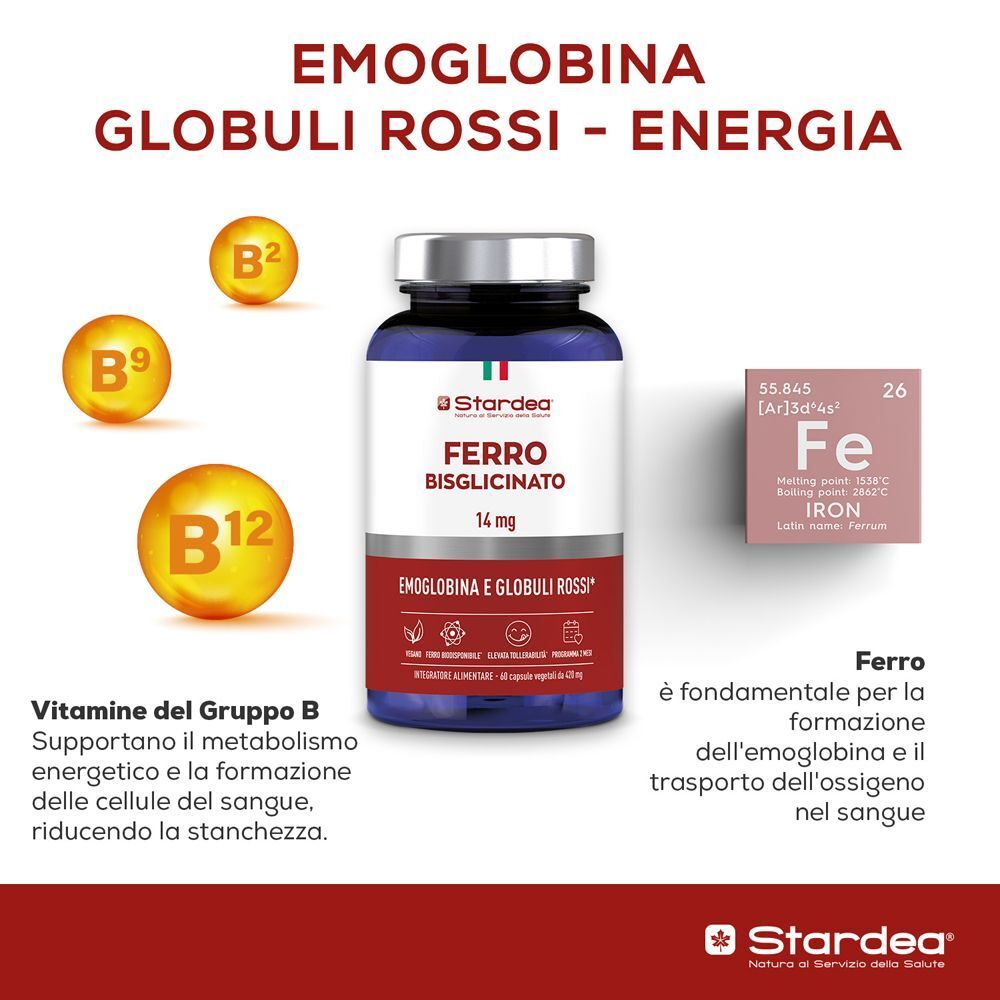 Un flacone di Stardea Ferro Bisglicinato 14 mg con simboli per B2, B9, B12 e ferro, che supportano la formazione dei globuli rossi e l'energia.