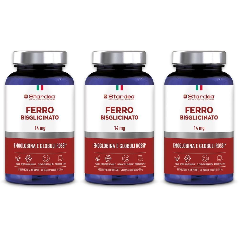 Tre flaconi di Stardea Ferro Bisglicinato 14 mg Integratore alimentare con tappi argentati ed etichette blu.