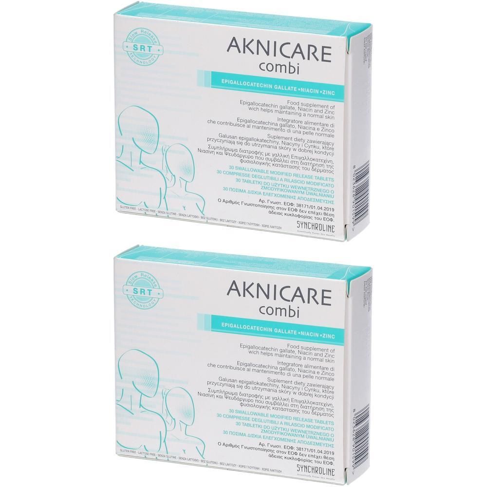 Due confezioni di compresse Aknicare Combi con illustrazioni di teste e spalle.