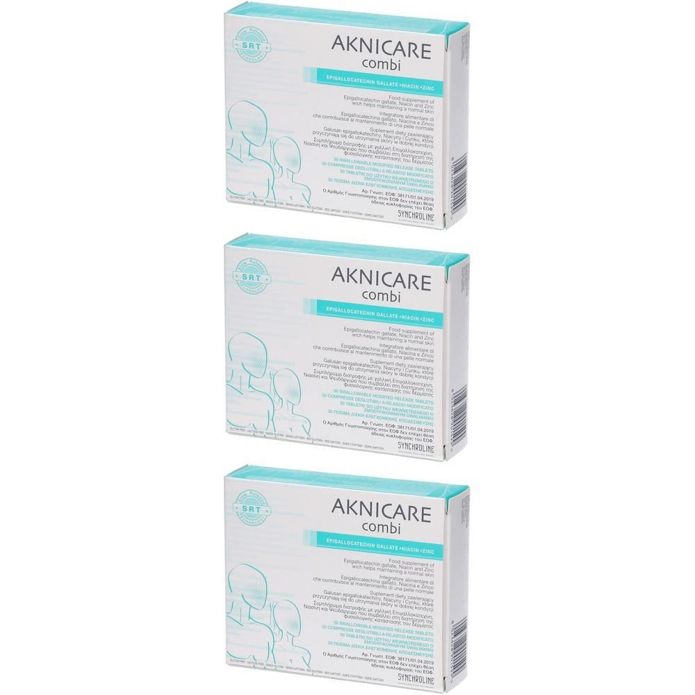 Tre confezioni di Aknicare Combi con rappresentazioni schematiche di volti e testo.