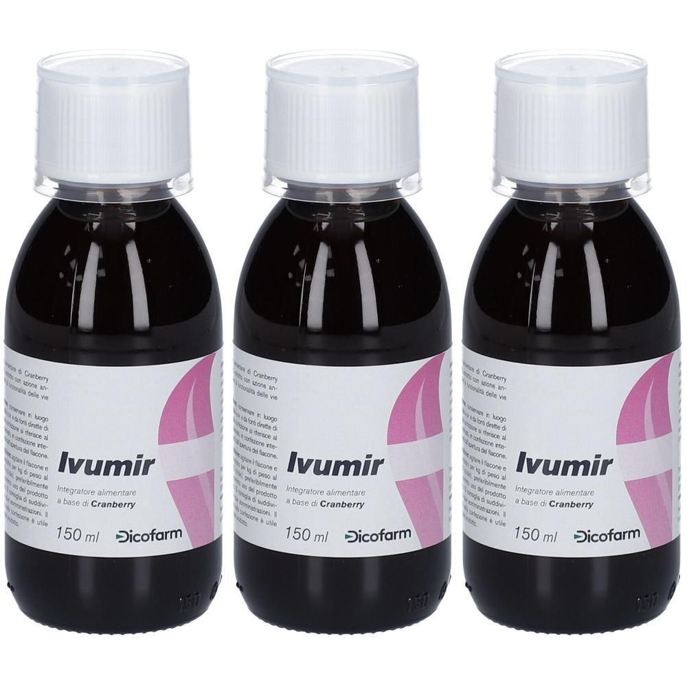 Tre flaconi di Ivumir con tappo a vite bianco, liquido rosso scuro ed etichetta con accenti rosa.