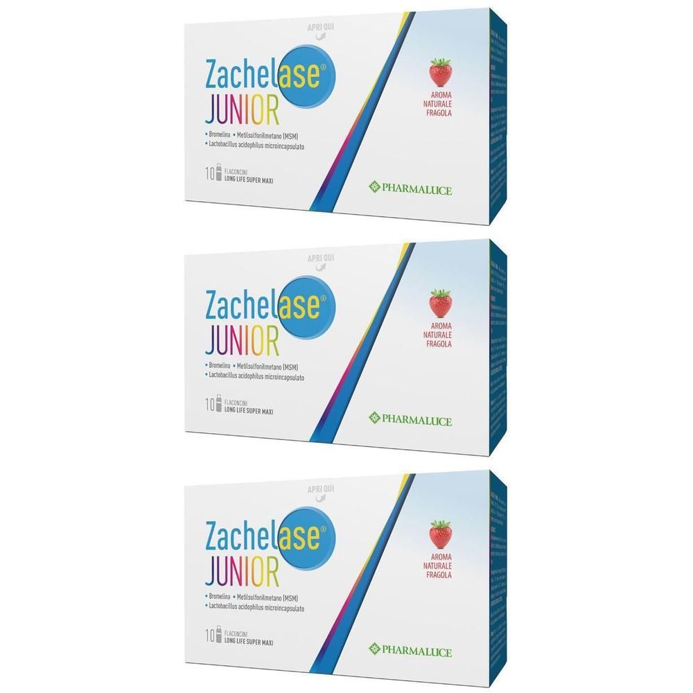 Tre confezioni di Zachelase Junior aroma fragola, 10 flaconcini per confezione.