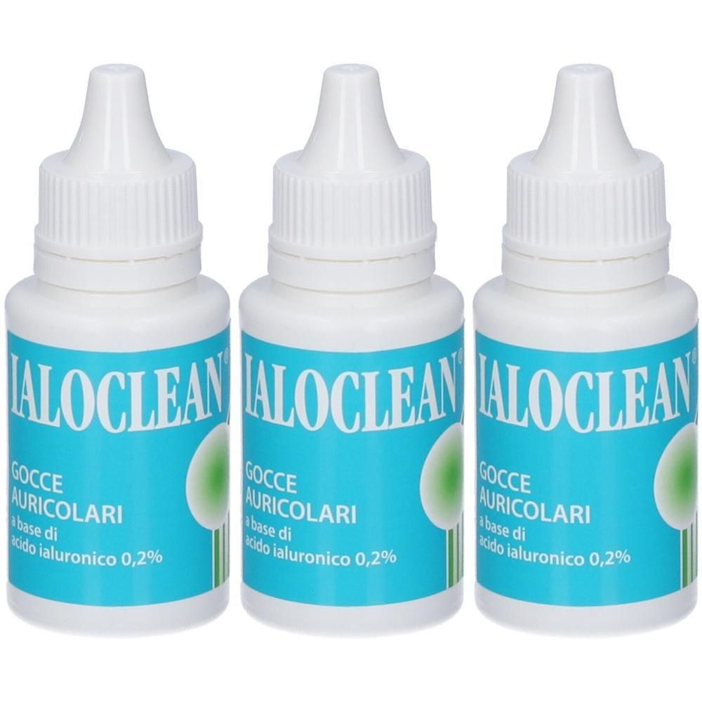 Tre flaconi di Ialoclean Gocce Auricolari con acido ialuronico 0,2%. Flaconi contagocce bianchi con etichette blu.