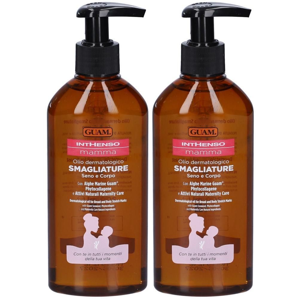 Due flaconi di olio dermatologico GUAM Inthenso Mamma Smagliature Seno e Corpo.