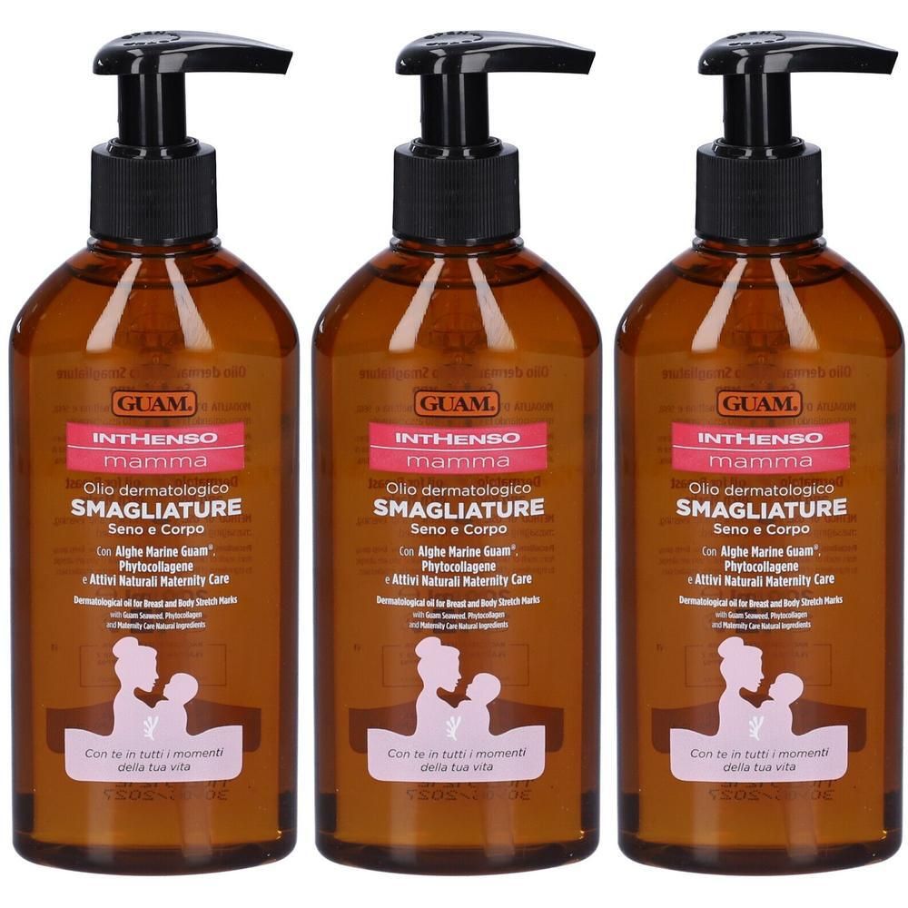 Tre flaconi di Olio dermatologico GUAM Inthenso Mamma Smagliature Seno e Corpo.