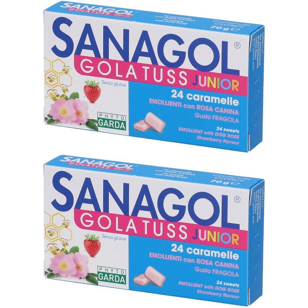 Due confezioni di caramelle Sanagol Gola Tuss Junior gusto fragola, 24 caramelle per confezione.