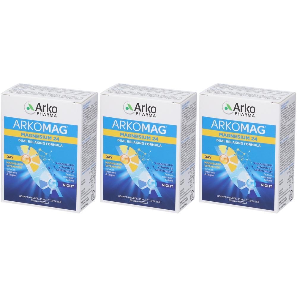 Tre confezioni di capsule ArkoMag Magnesium 24 Dual Relaxing Formula.