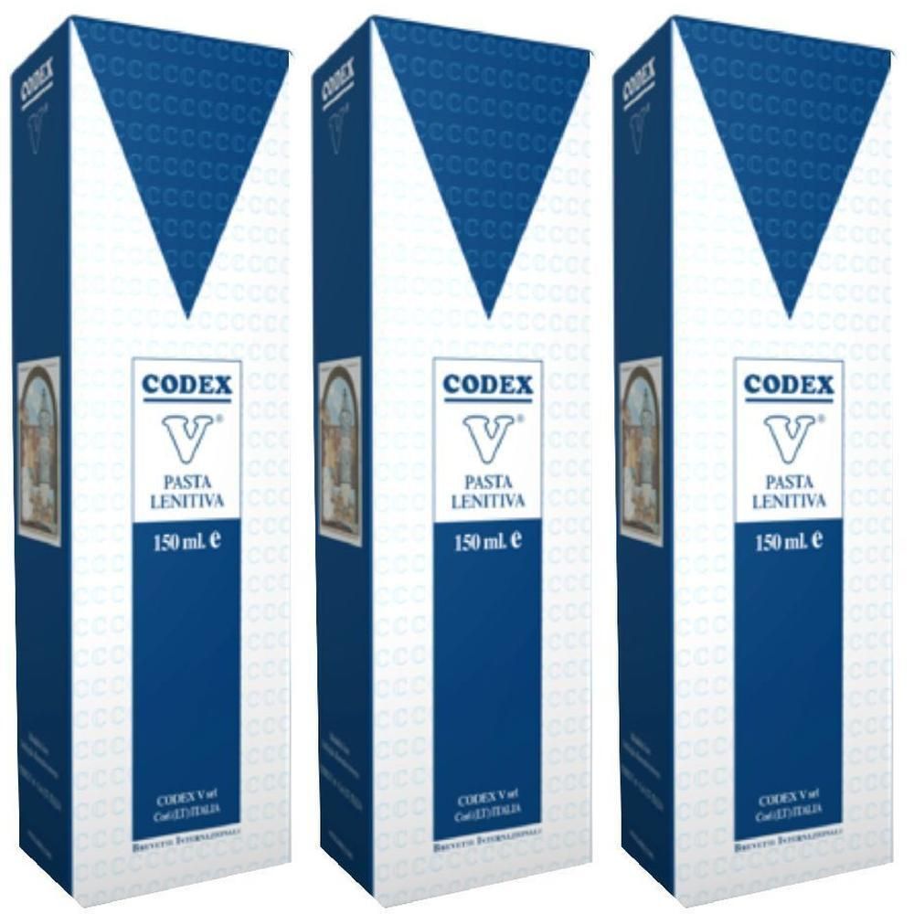 Tre confezioni di Codex V Pasta Lenitiva 150 ml. Confezione bianca e blu con logo e nome del prodotto.