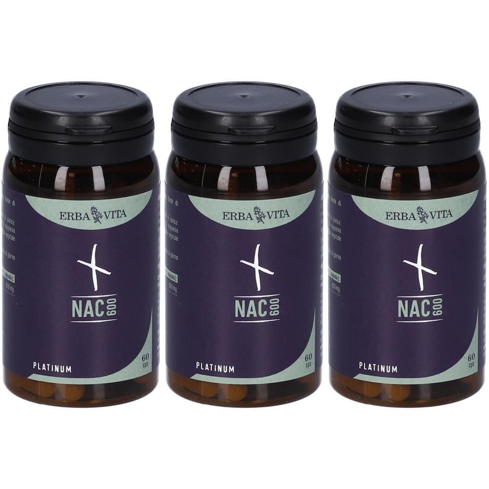 Tre flaconi Erba Vita NAC 600 Platinum con tappi neri ed etichette viola.