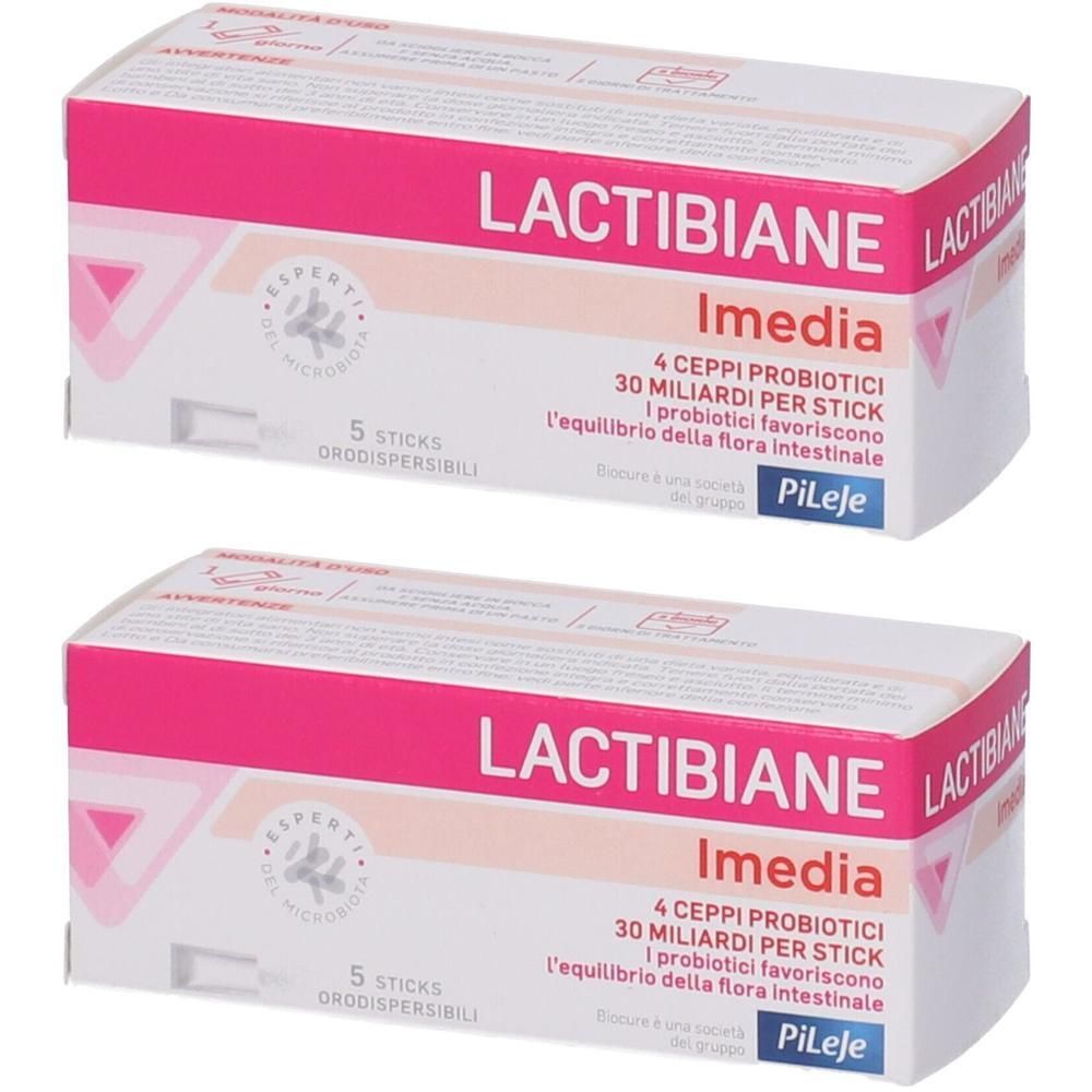 Due confezioni Lactibiane Imedia da 5 stick, 30 miliardi di probiotici per stick.