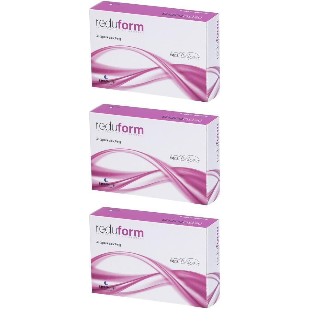 Tre scatole di capsule Reduform con motivo a onde viola. Ogni scatola contiene 30 capsule da 50 mg.