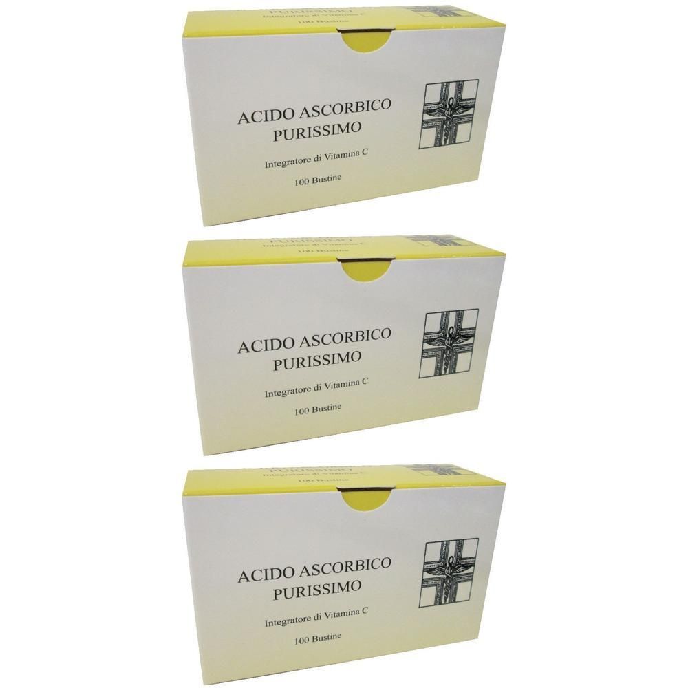 Tre scatole di Acido Ascorbico Purissimo, integratore di Vitamina C, 100 bustine.
