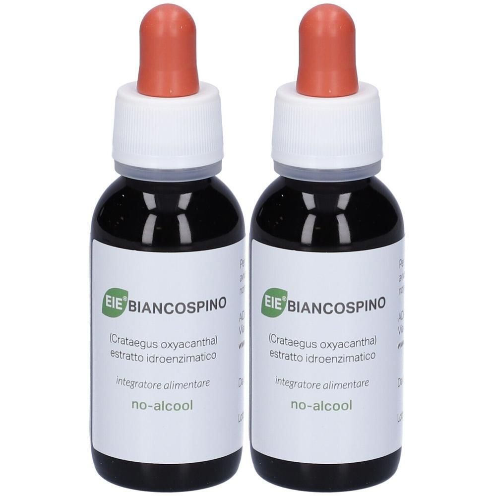 Due flaconi contagocce con tappo a pipetta, etichetta "Eie Biancospino" e "no-alcool".