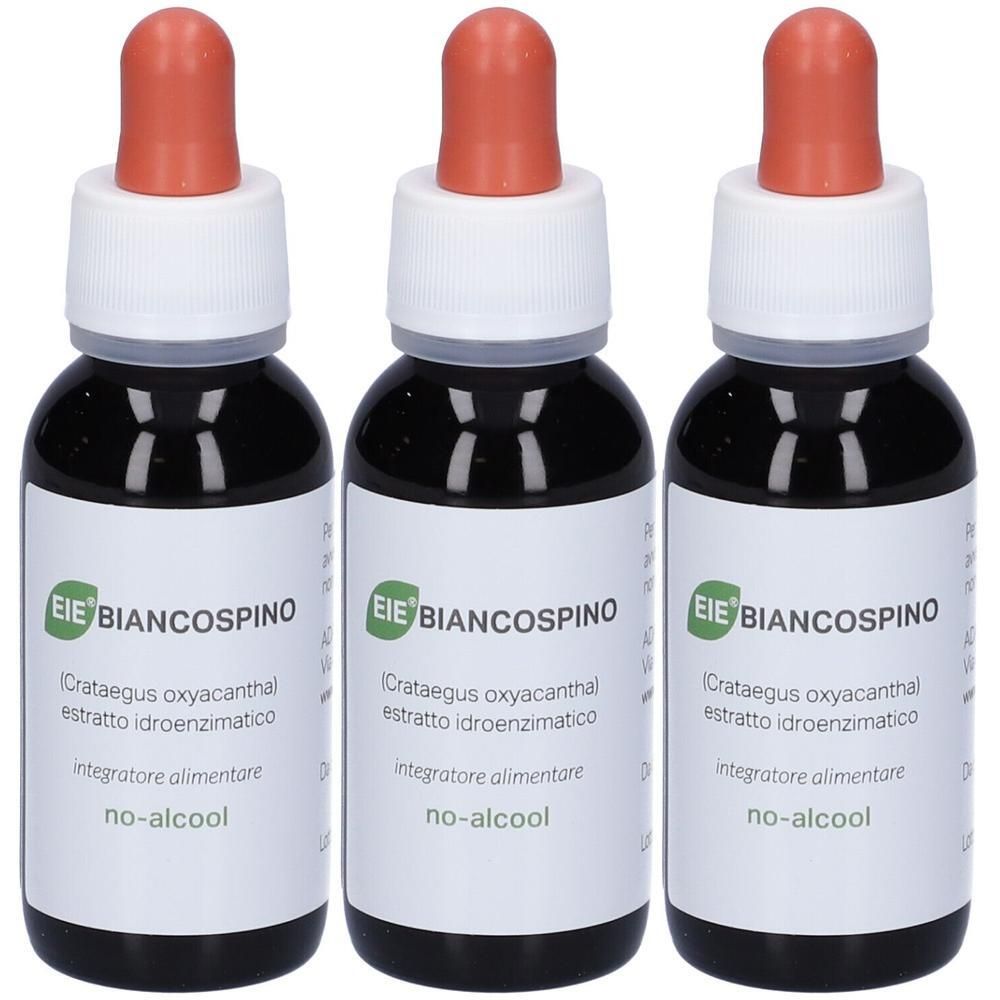 Tre boccette contagocce scure con etichette che riportano 'Eie Biancospino' e 'no-alcool'.