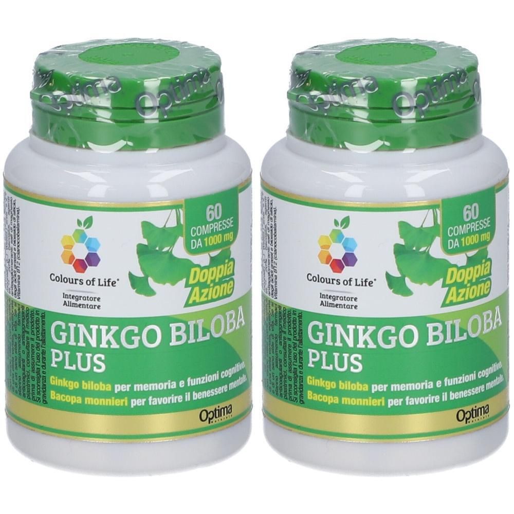 Due flaconi di Ginkgo Biloba Plus, 60 compresse da 1000 mg. "Colours of Life" e "Doppia Azione".