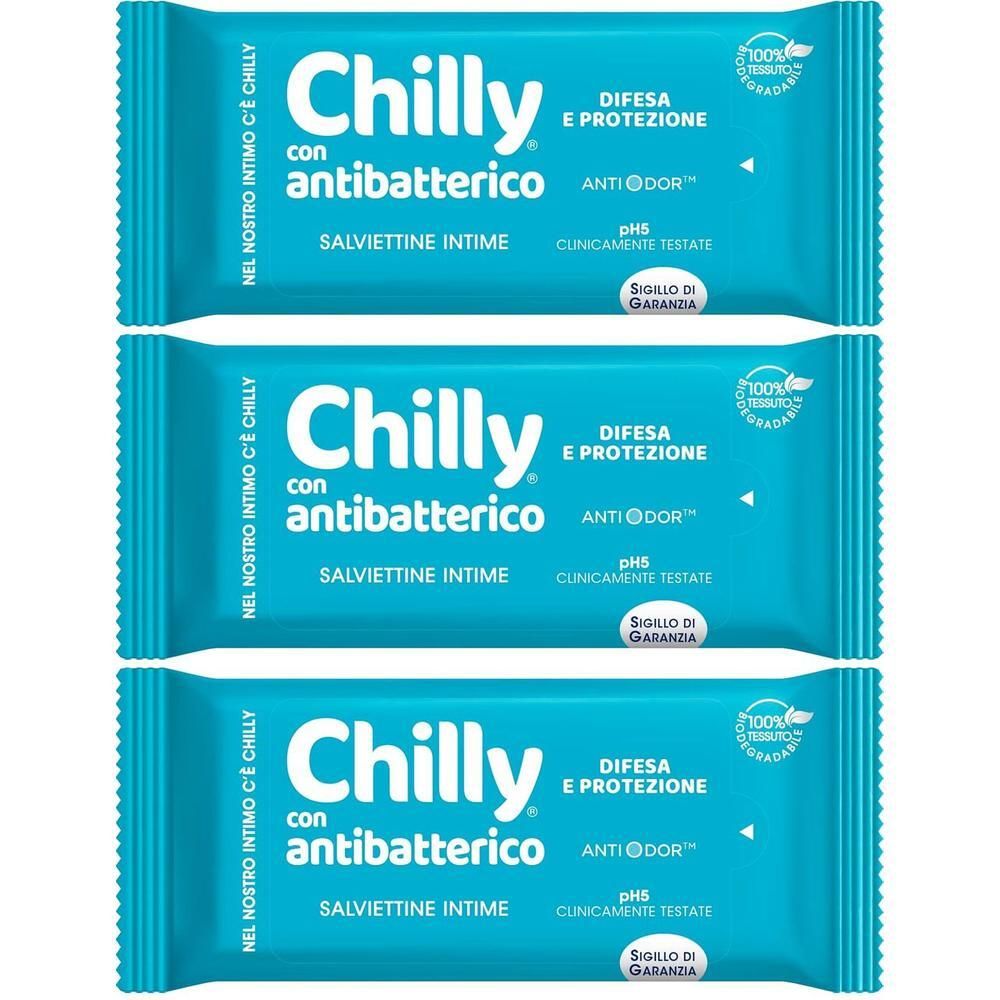 Tre pacchi di salviettine intime Chilly con antibatterico e formula anti-odore.