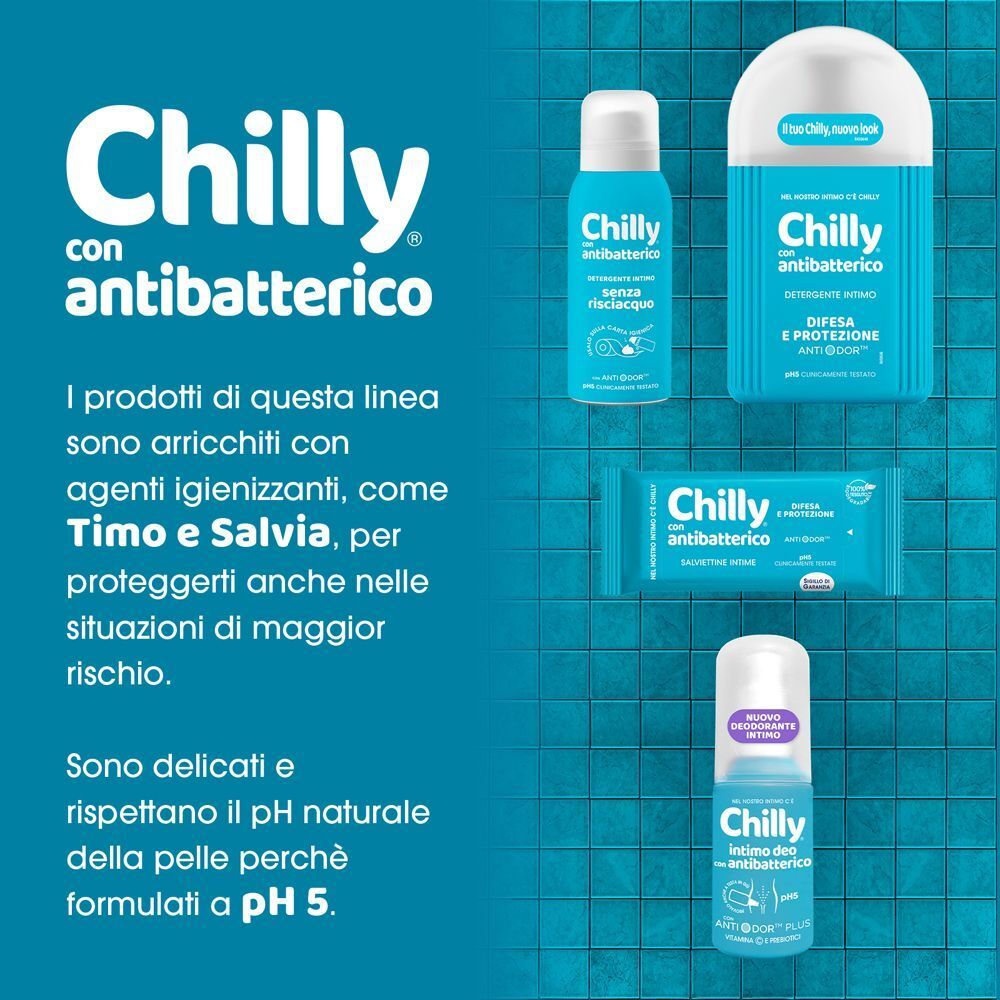 Prodotti intimi antibatterici Chilly: salviettine, spray e deodorante.