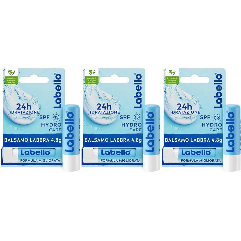 Tre stick di balsamo labbra Labello Hydro Care SPF 15 in confezione blister.