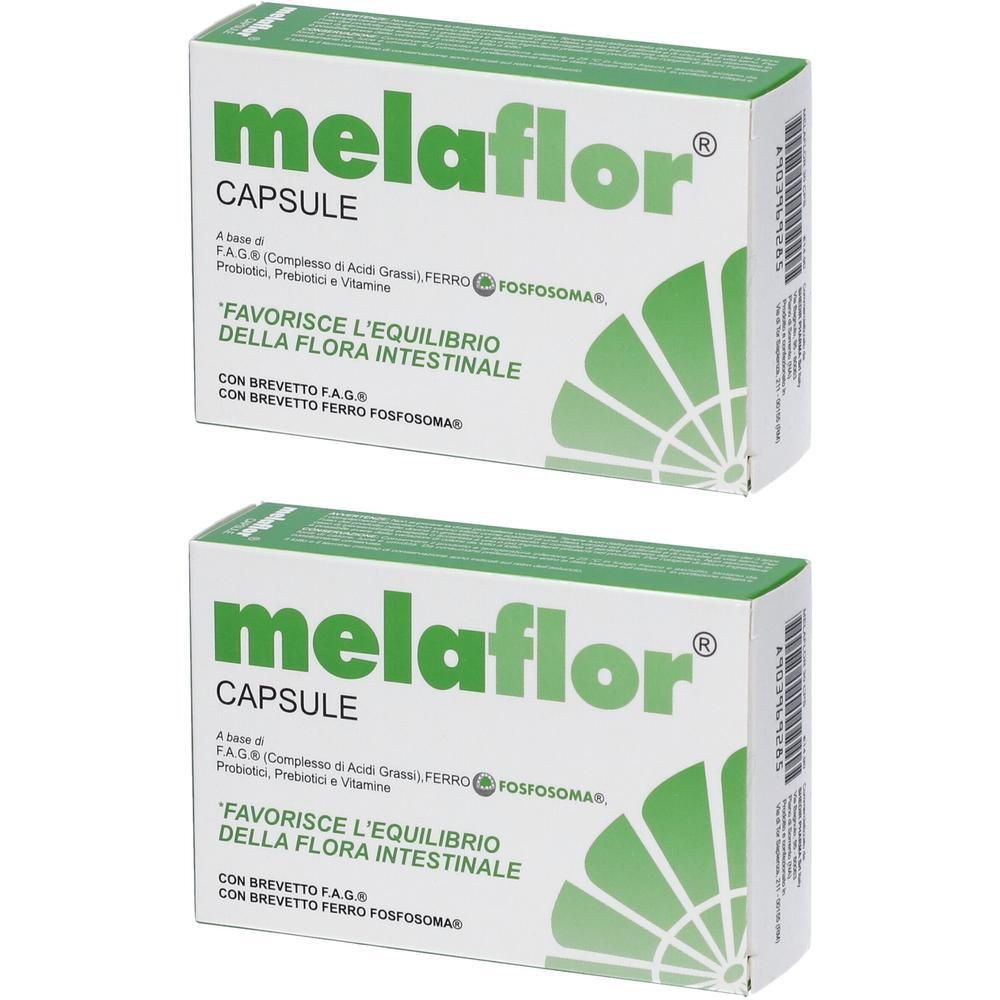 Due confezioni di capsule Melaflor, scritte verdi su scatola bianca.