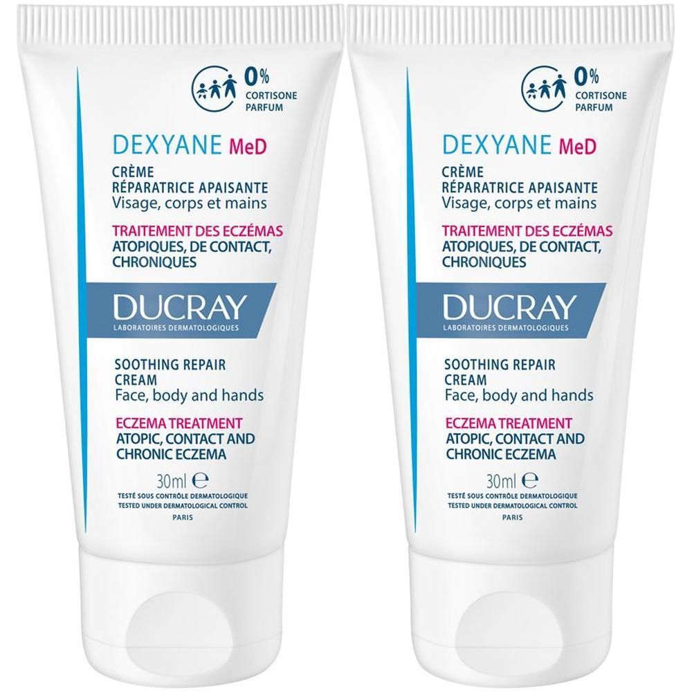 Due tubi di crema lenitiva Ducray Dexyane Med per viso, corpo e mani.