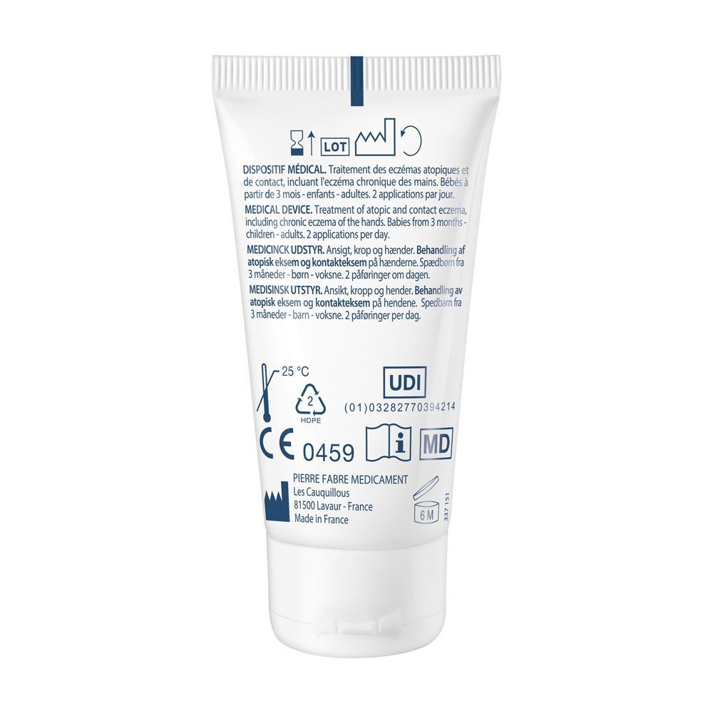 Retro di un tubo di crema Ducray Dexyane Med con marchi CE e MD e istruzioni.