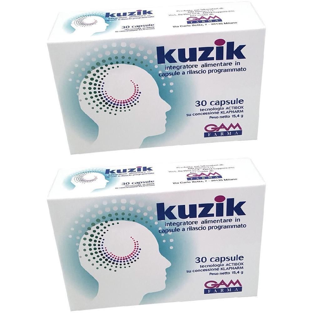 Due scatole di Kuzik, integratore alimentare, 30 capsule per scatola, con design di testa e spirale.