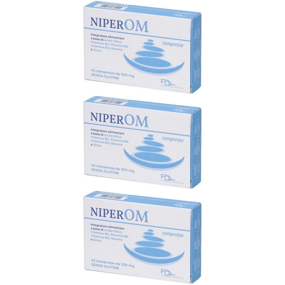 Tre confezioni di NiperOM compresse, 45 compresse da 550 mg, senza glutine.