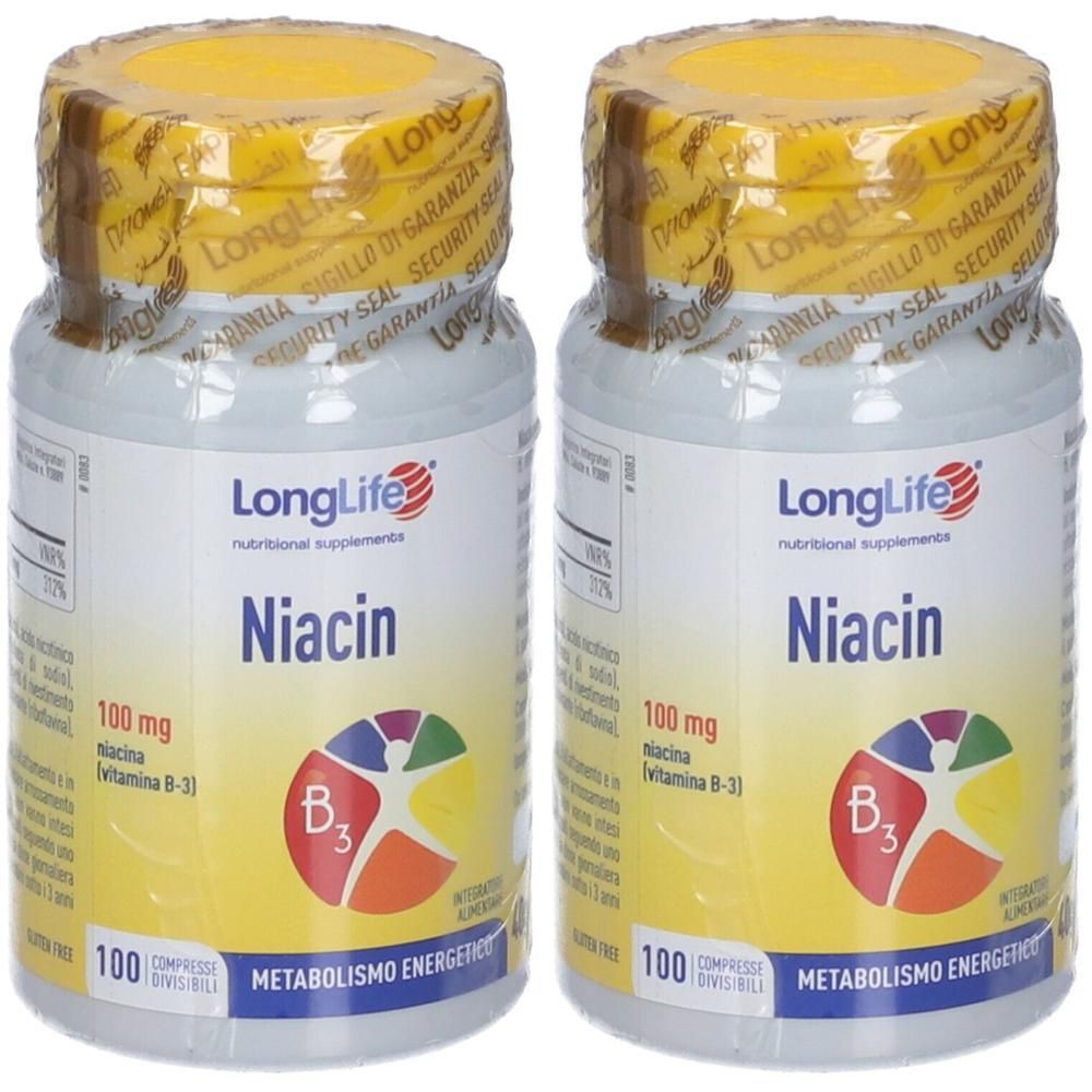 Due flaconi di LongLife Niacina 100mg, integratori alimentari, 100 compresse per flacone.