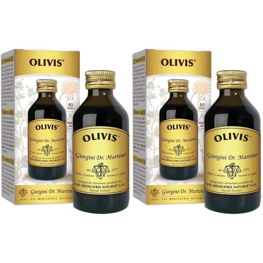 Due bottiglie di Olivis con etichette e scatole. Le etichette riportano i marchi Olivis e Giorgini Dr. Martino.
