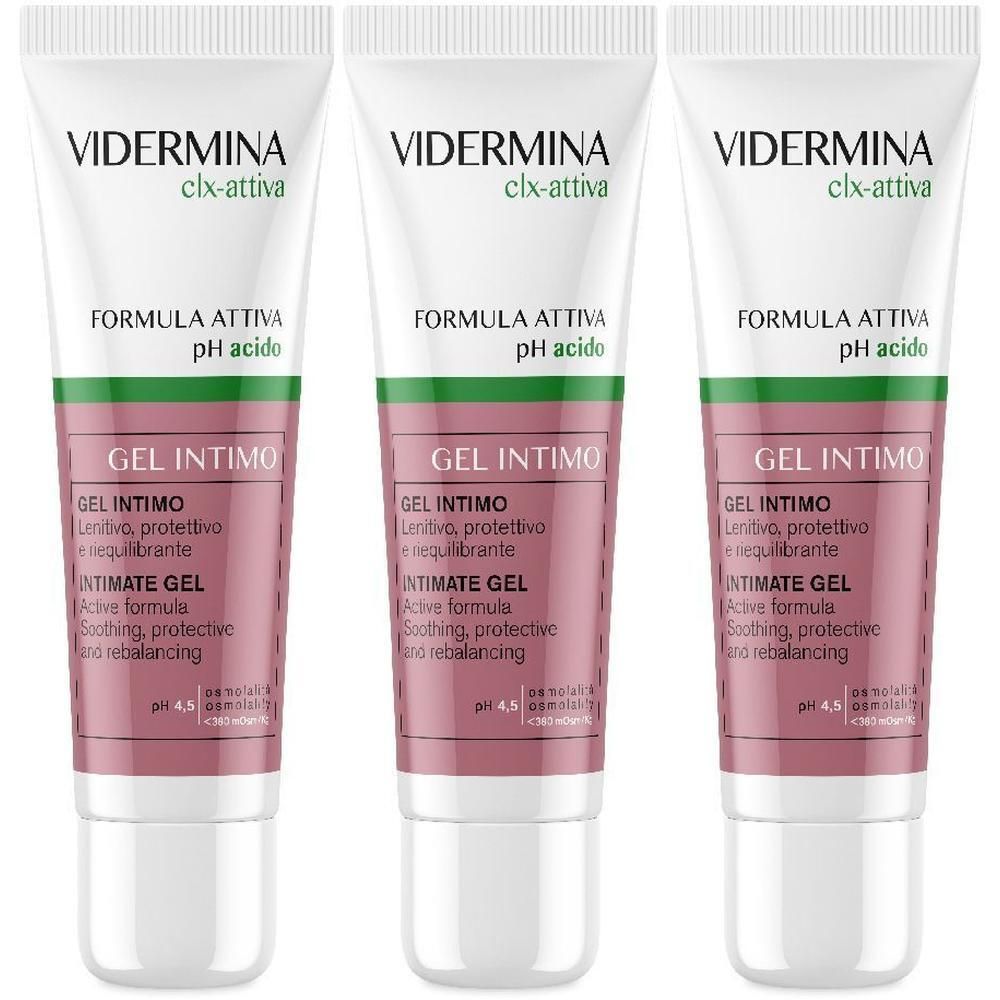 Tre tubi di VIDERMINA clx-attiva Gel Intimo, formula attiva, pH 4,5.